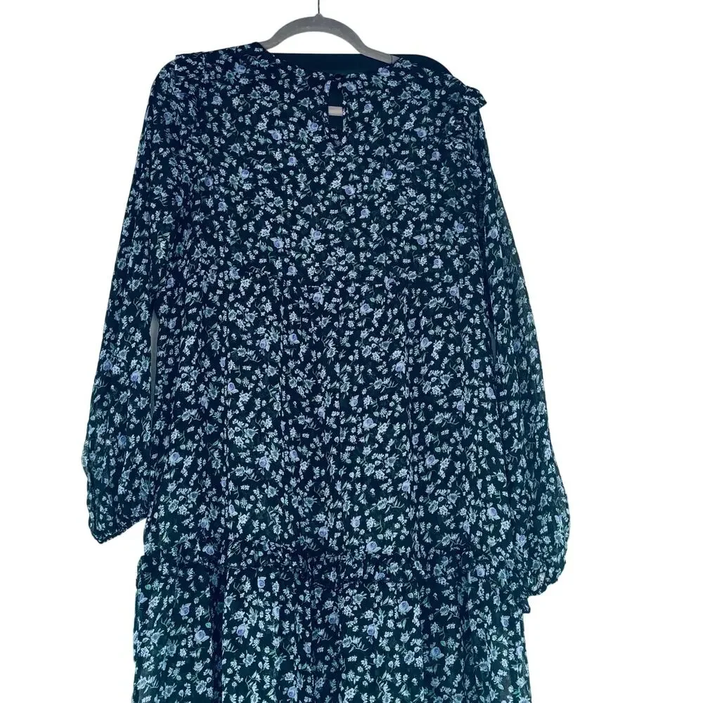 Wild Fable Boho Dress Blue Floral Button Front Semi-Sheer Woman’s Size Large